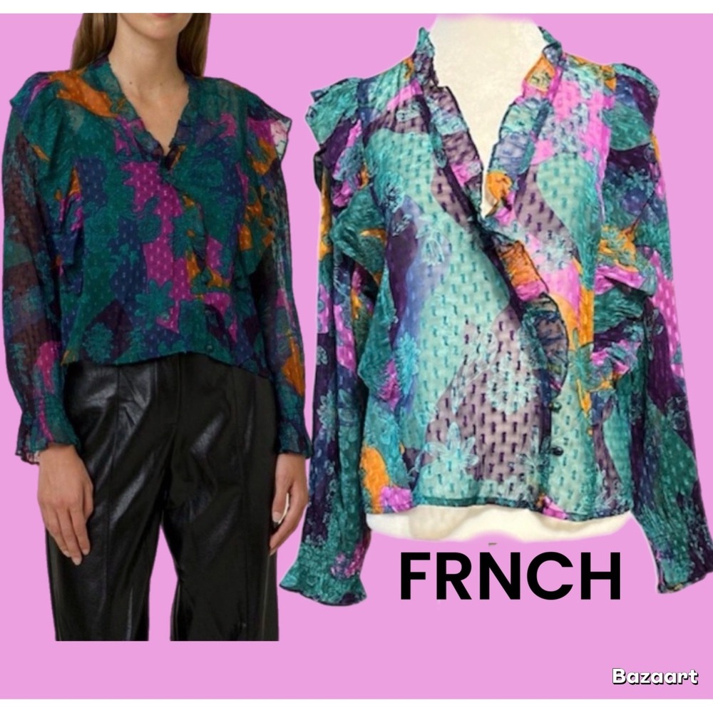 FRNCH Anthropologie Janet Ruffle long Sleeve Top Blouse Multi Color Frill XS
